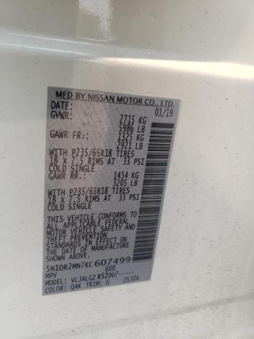 5N1DR2MN7KC607499 - 2019 NISSAN PATHFINDER S WHITE photo 12