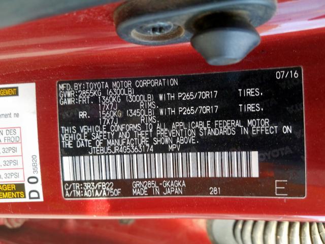 JTEBU5JR4G5363174 - 2016 TOYOTA 4RUNNER SR5/SR5 PREMIUM  照片 10