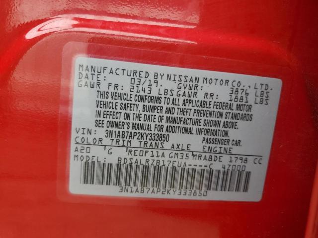 3N1AB7AP2KY333850 - 2019 NISSAN SENTRA S RED photo 12