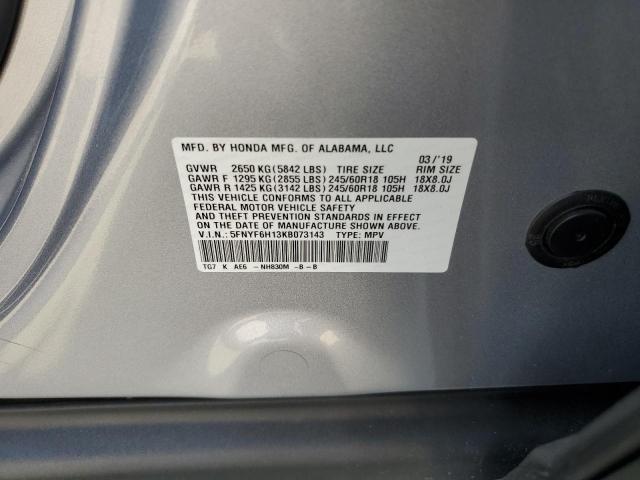 5FNYF6H13KB073143 - 2019 HONDA PILOT LX Gümüş foto 13