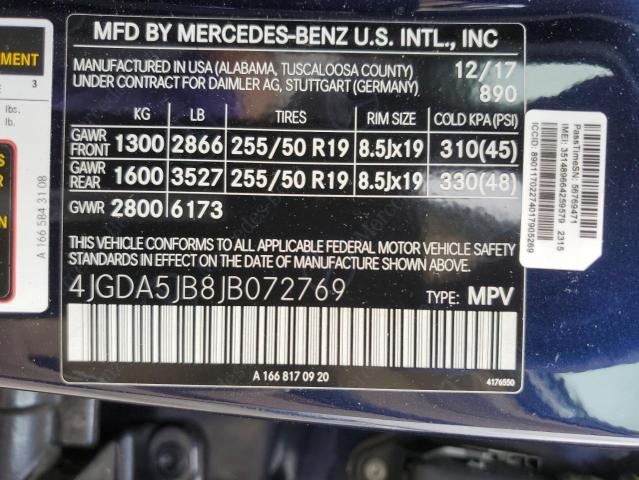 4JGDA5JB8JB072769 - 2018 MERCEDES-BENZ GLE 350 BLUE photo 12