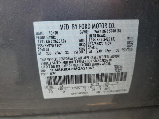 1FMSK8DH1MGA21367 - 2021 FORD EXPLORER XLT GRAY photo 14