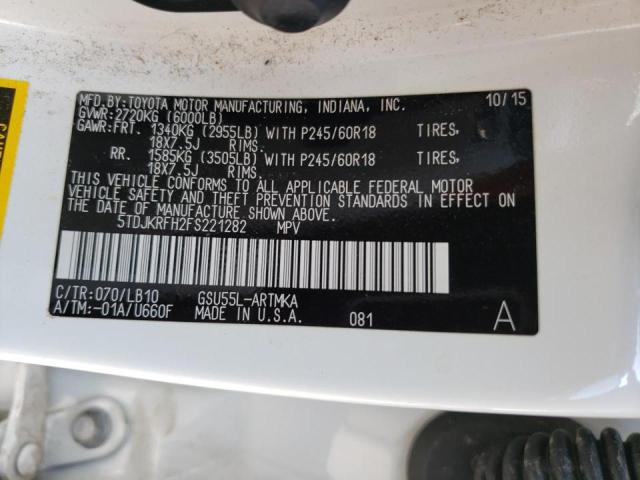 5TDJKRFH2FS221282 - 2015 TOYOTA HIGHLANDER XLE Ağ foto 12