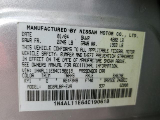 1N4AL11E64C190618 - 2004 NISSAN ALTIMA BASE SILVER photo 12