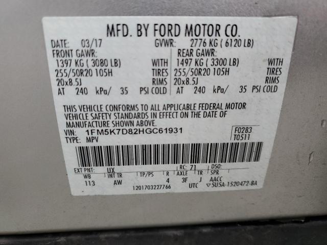 1FM5K7D82HGC61931 - 2017 FORD EXPLORER XLT SILVER photo 14