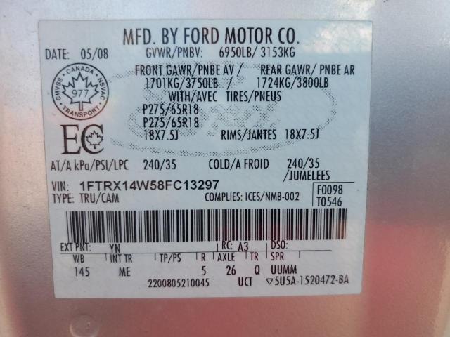 1FTRX14W58FC13297 - 2008 FORD F150 SILVER photo 12