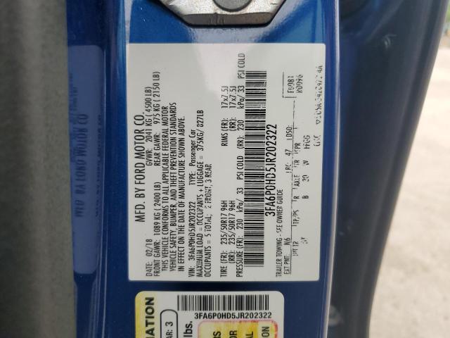 3FA6P0HD5JR202322 - 2018 FORD FUSION SE BLUE photo 12