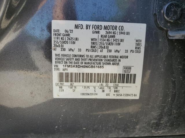 1FMSK8DH0NGB61685 - 2022 FORD EXPLORER XLT GRAY photo 12