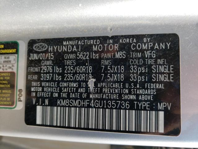 KM8SMDHF4GU135736 - 2016 HYUNDAI SANTA FE SE SILVER photo 13