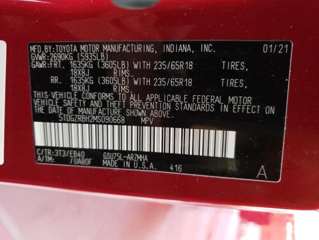 5TDGZRBH2MS090668 - 2021 TOYOTA HIGHLANDER XLE 红色 照片 14