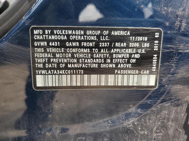 1VWLA7A34KC011173 - 2019 VOLKSWAGEN PASSAT WOLFSBURG 蓝色 照片 12
