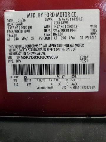 1FM5K7D83GGC09609 - 2016 FORD EXPLORER XLT წითელი ფოტო 14