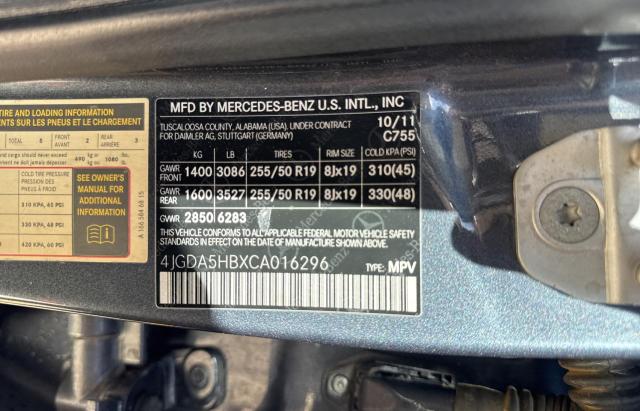 4JGDA5HBXCA016296 - 2012 MERCEDES-BENZ ML 350 4MATIC BLUE photo 10