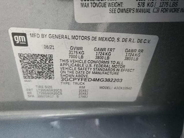 3GCPYFED4MG382203 - 2021 CHEVROLET silverado K1500 LT TRAIL BOSS GRAY photo 12