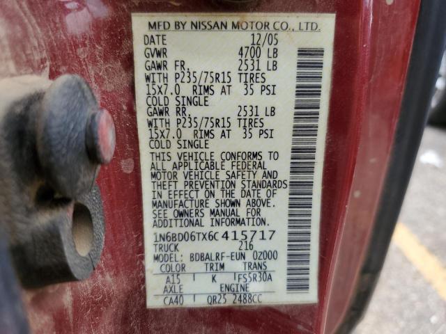 1N6BD06TX6C415717 - 2006 NISSAN FRONTIER KING CAB XE RED photo 12