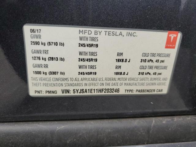 5YJSA1E11HF203246 - 2017 TESLA MODEL S Մոխրագույն լուսանկար 13
