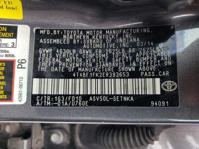 4T4BF1FK2ER393653 - 2014 TOYOTA CAMRY L GRAY photo 13