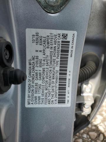 2HGFC1F71KH651732 - 2019 HONDA CIVIC EXL SILVER photo 12