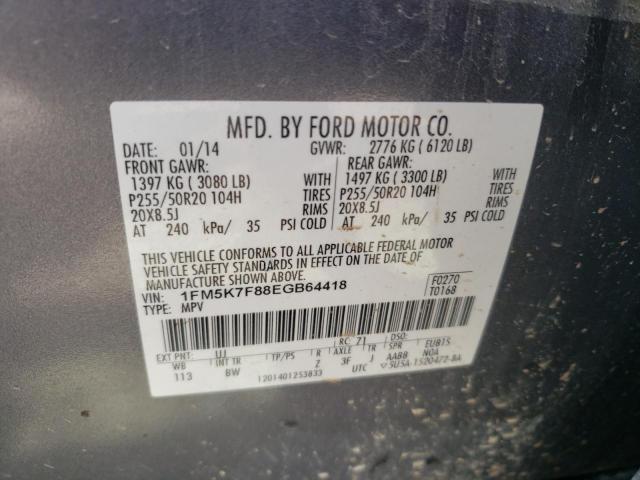 1FM5K7F88EGB64418 - 2014 FORD EXPLORER LIMITED GRAY photo 12