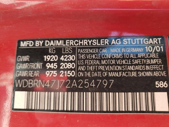 WDBRN47J72A254797 - 2002 MERCEDES-BENZ C 230K SPORT COUPE RED photo 12