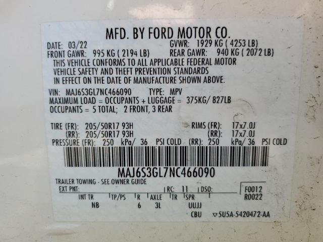 MAJ6S3GL7NC466090 - 2022 FORD ECOSPORT SE თეთრი ფოტო 13