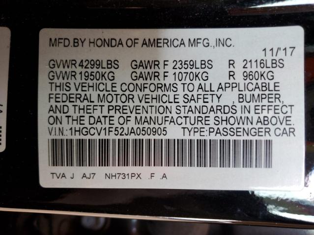 1HGCV1F52JA050905 - 2018 HONDA ACCORD EXL BLACK photo 12