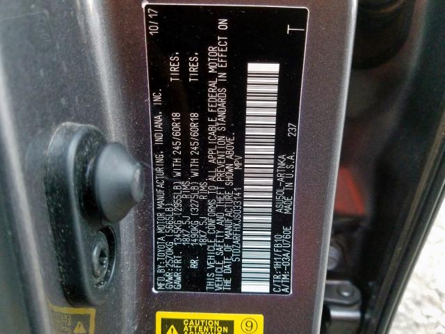 5TDZARFHXJS033141 - 2018 TOYOTA HIGHLANDER LE  photo 10