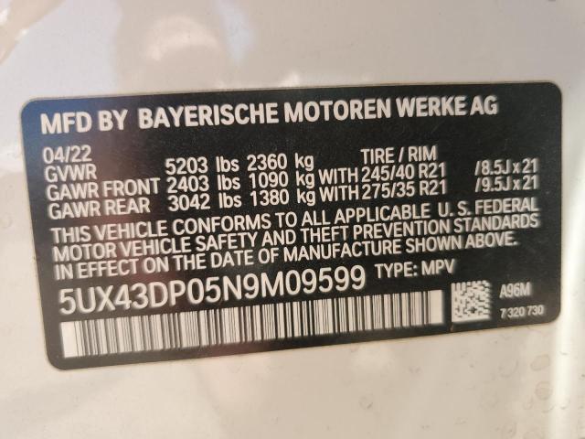 5UX43DP05N9M09599 - 2022 BMW X3 SDRIVE30I WHITE photo 13