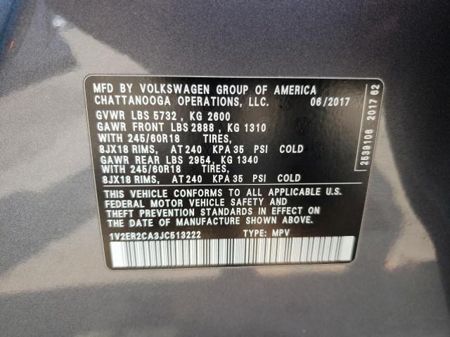 1V2ER2CA3JC513222 - 2018 VOLKSWAGEN ATLAS SEL GRAY photo 13