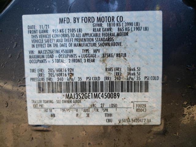 MAJ3S2GE1MC450089 - 2021 FORD ECOSPORT SE GRAY photo 10