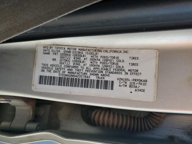 5TEGN92N94Z357843 - 2004 TOYOTA TACOMA DOUBLE CAB PRERUNNER SILVER photo 12