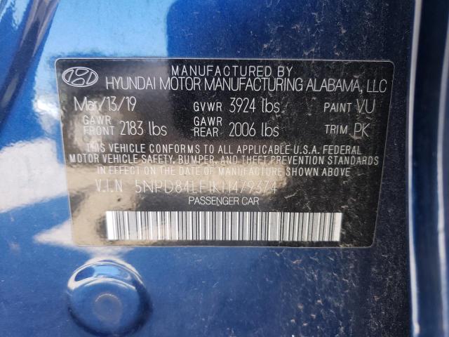 5NPD84LF1KH479374 - 2019 HYUNDAI ELANTRA SEL BLUE photo 13