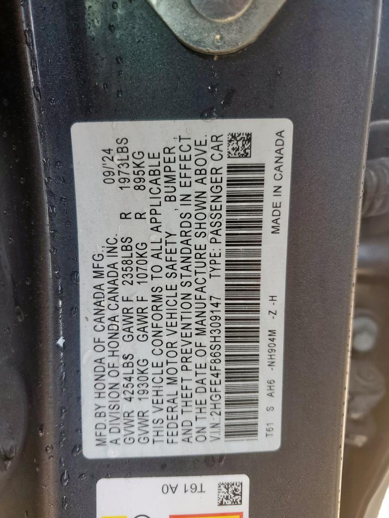 2HGFE4F86SH309147 - 2025 HONDA CIVIC SPORT GRAY photo 12