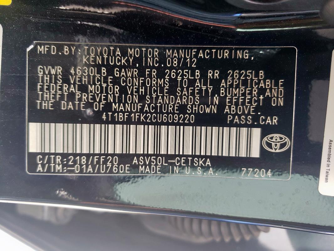 4T1BF1FK2CU609220 - 2012 TOYOTA CAMRY BASE BLACK photo 12