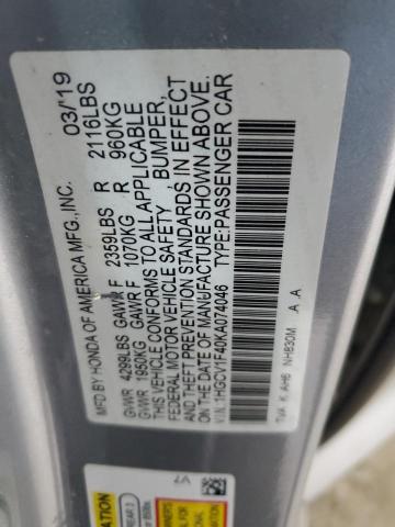 1HGCV1F40KA074046 - 2019 HONDA ACCORD EX Күміс фото 12