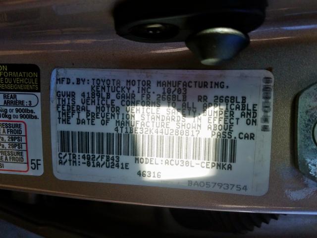 4T1BE32K44U280817 - 2004 TOYOTA CAMRY LE  photo 10