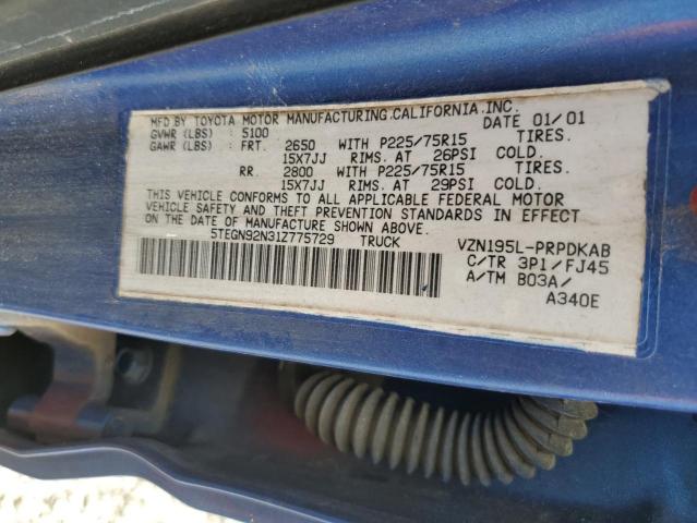 5TEGN92N31Z775729 - 2001 TOYOTA TACOMA DOUBLE CAB PRERUNNER BLUE photo 12