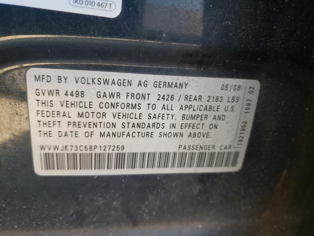 WVWJK73C58P127259 - 2008 VOLKSWAGEN PASSAT TURBO GRAY photo 10