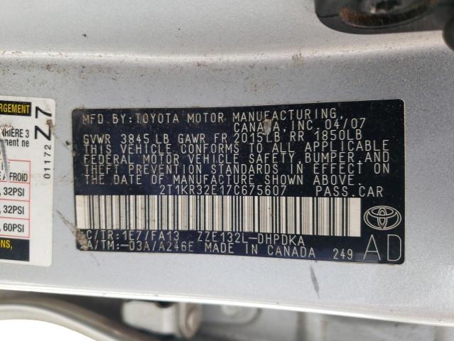 2T1KR32E17C675607 - 2007 TOYOTA COROLLA MA XR SILVER photo 12