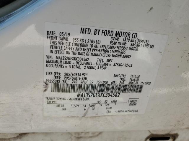 MAJ3S2GEXKC304562 - 2019 FORD ECOSPORT SE WHITE photo 13