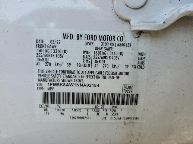 1FM5K8AW1NNA02184 - 2022 FORD EXPLORER POLICE INTERCEPTOR 白色 照片 13