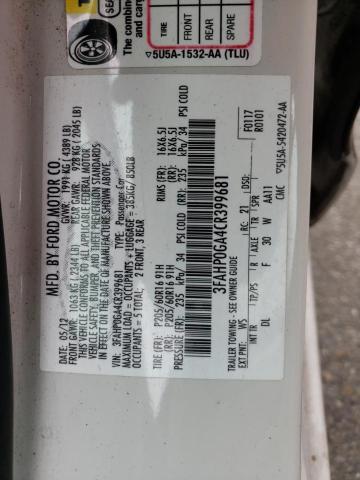 3FAHP0GA4CR399681 - 2012 FORD FUSION S WHITE photo 12