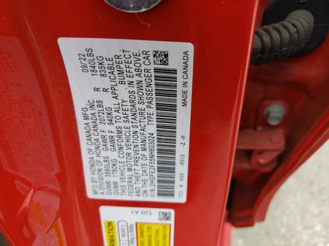 2HGFE2F55NH603024 - 2022 HONDA CIVIC SPORT 红色 照片 12