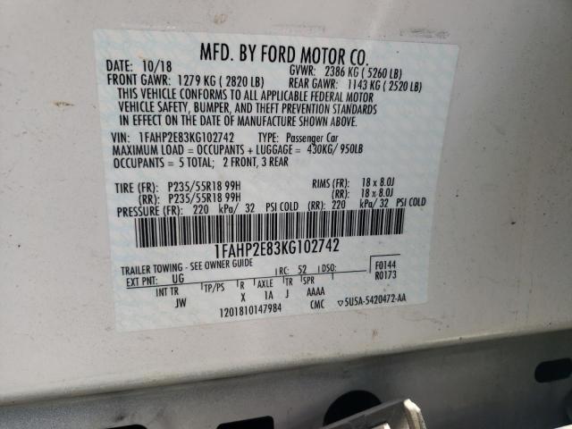 1FAHP2E83KG102742 - 2019 FORD TAURUS SEL WHITE photo 13