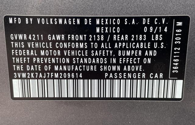 3VW2K7AJ7FM209614 - 2015 VOLKSWAGEN JETTA BASE Մոխրագույն լուսանկար 10