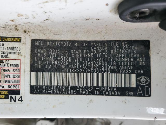 2T1KR32E25C331720 - 2005 TOYOTA COROLLA MA XR WHITE photo 12