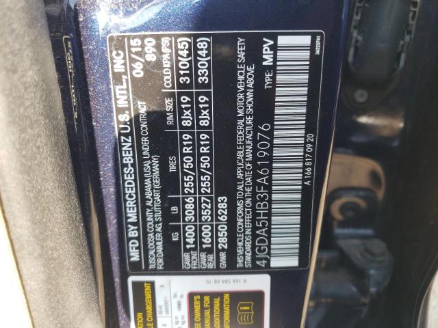 4JGDA5HB3FA619076 - 2015 MERCEDES-BENZ ML 350 4MATIC BLUE photo 12