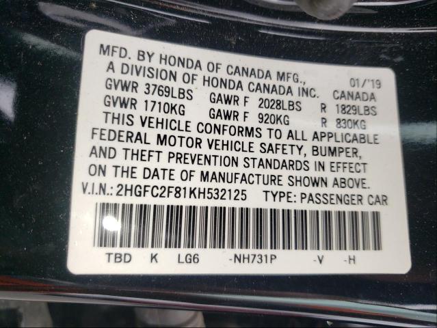 2HGFC2F81KH532125 - 2019 HONDA CIVIC SPORT 黑色 照片 10