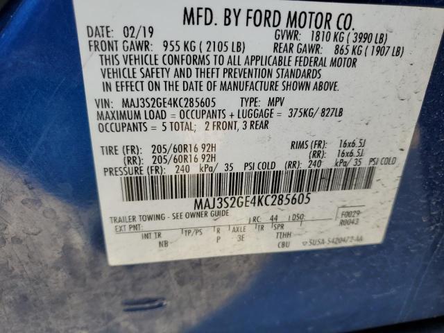 MAJ3S2GE4KC285605 - 2019 FORD ECOSPORT SE ლურჯი ფოტო 13