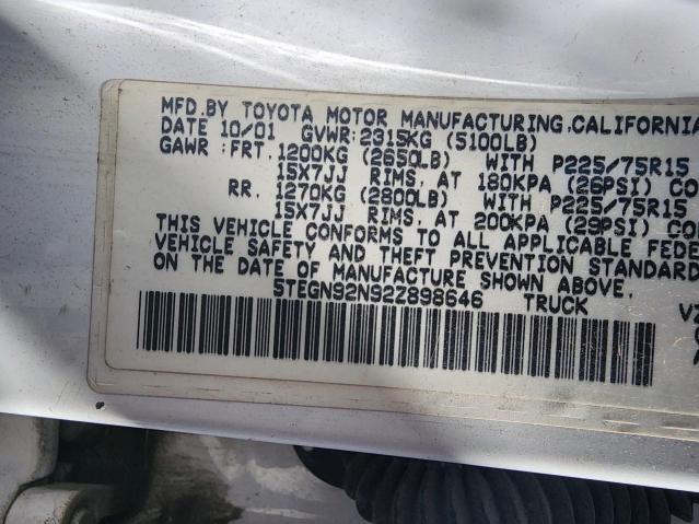 5TEGN92N92Z898646 - 2002 TOYOTA TACOMA DOUBLE CAB PRERUNNER WHITE photo 10